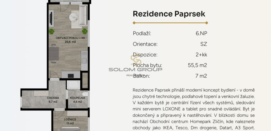 Prodej NOVÉHO bytu 2+kk/Balkon, 62,5 m² + parkovací stání + velký zděný sklep. Rezidence Stodůlky