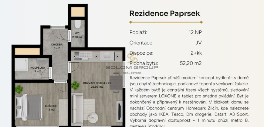 Prodej NOVÉHO bytu 2+kk, 52m2 + parkovací stání + zděný sklep, Rezidence Stodůlky.