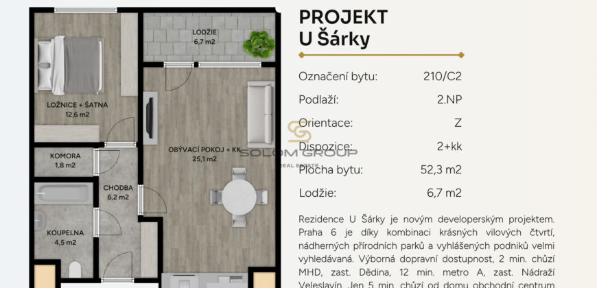 Prodej NOVÉHO bytu 2+kk/Lodžie + komora v bytě, 59 m². Parkovací stání + sklep. Novostavba. Praha 6