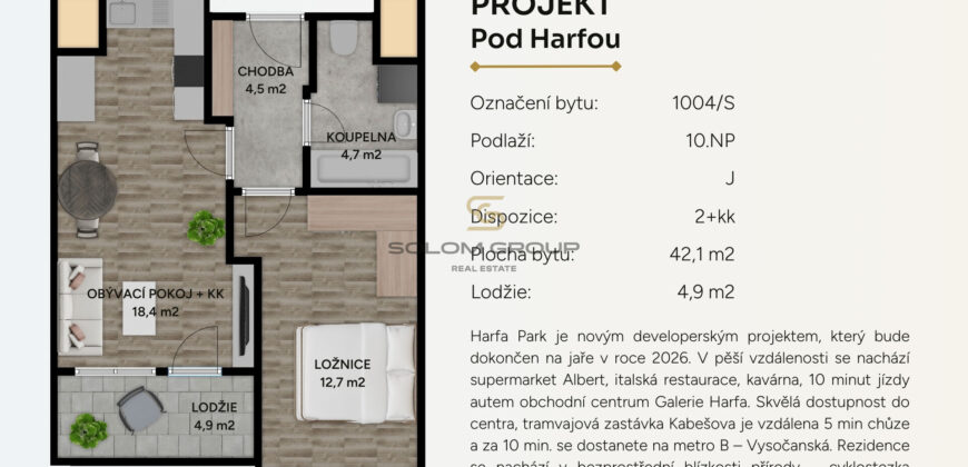 Prodej bytu 2+kk/B, 47 m2, Praha 9 – Vysočany, Pod Harfou, novostavba, GS