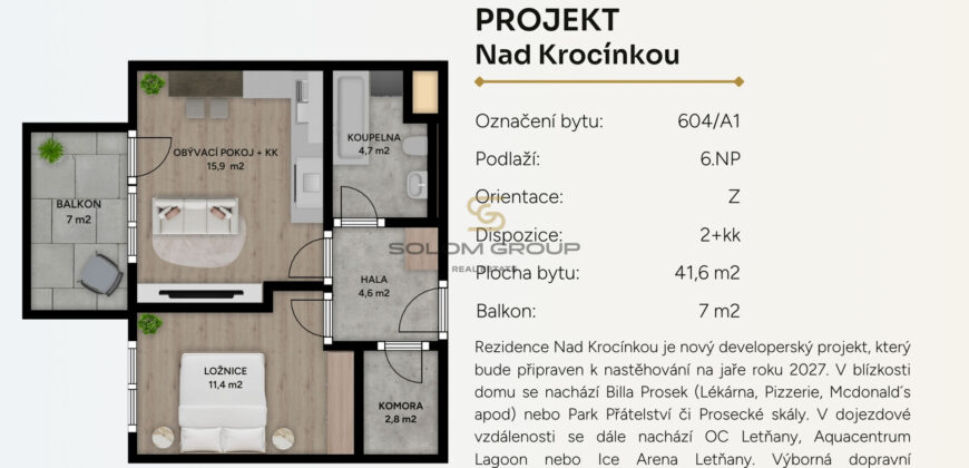 Prodej bytu 2+kk/B, 48 m², DV, Nad Krocínkou – Praha 9, Prosek, novostavba