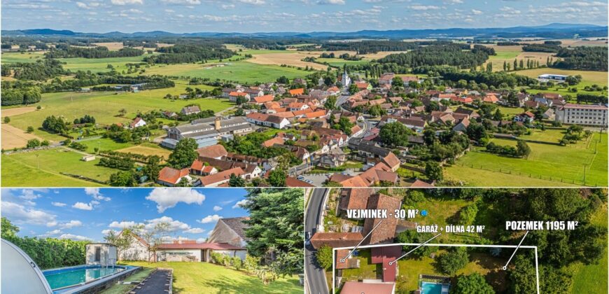 Prodej rekreačního domu 3+kk + dům pro hosty + garáž + bazén + pozemek o výměře 1.195 m². Velký Bor.