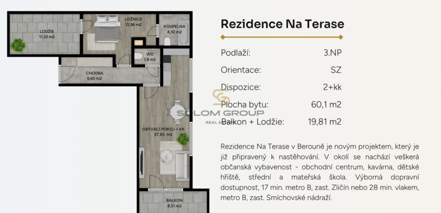 Prodej NOVÉHO bytu 2+kk/2x terasa (80m²) + 2 parkovací stání a sklep, novostavba, Beroun