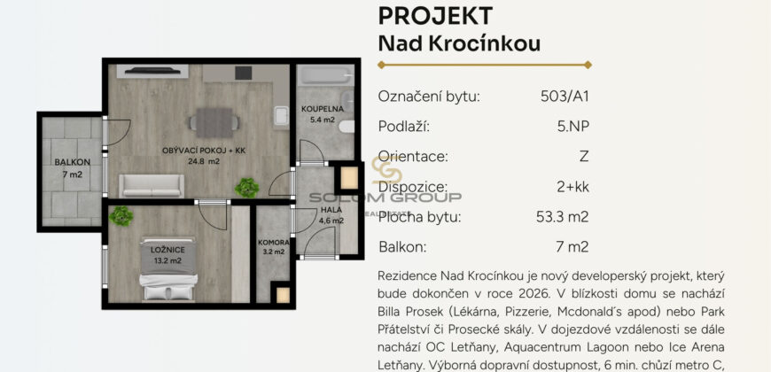 Prodej NOVÉHO bytu 2+kk/Balkon + komora v bytě, 60,3 m². Novostavba. Prosek