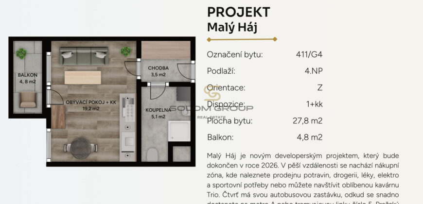 Prodej NOVÉHO bytu 1+kk/Balkon, 33,5 m² + parkovací stání. Novostavba. Praha 10.