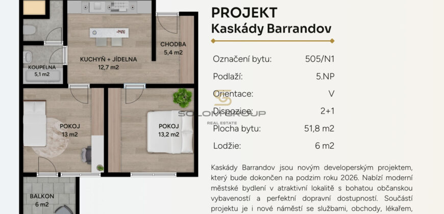 Prodej NOVÉHO bytu 2+1/Lodžie, 57,8 m². Parkovací stání. Novostavba. Barrandov