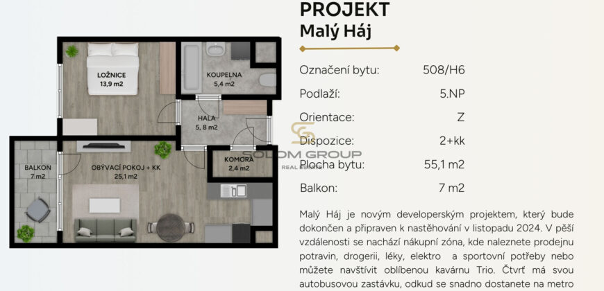 Prodej bytu 2+kk/B, 62 m2, DV, Praha 10 – Dolní Měcholupy, Kardausova, novostavba, GS