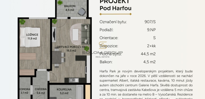 Prodej bytu 2+kk/L, 49 m², DV, Praha 9 – Vysočany, Pod Harfou, novostavba, GS, sklep Prodej bytu 2+kk/L, 49 m², DV, Praha 9 – Vysočany, Pod Harfou, novostavba, GS, sklep