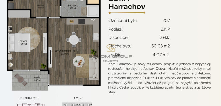 Prodej NOVÉHO apartmánu 2+kk/Lodžie, 54,10 m² + parkovací stání + sklep, Novostavba, Krkonoše