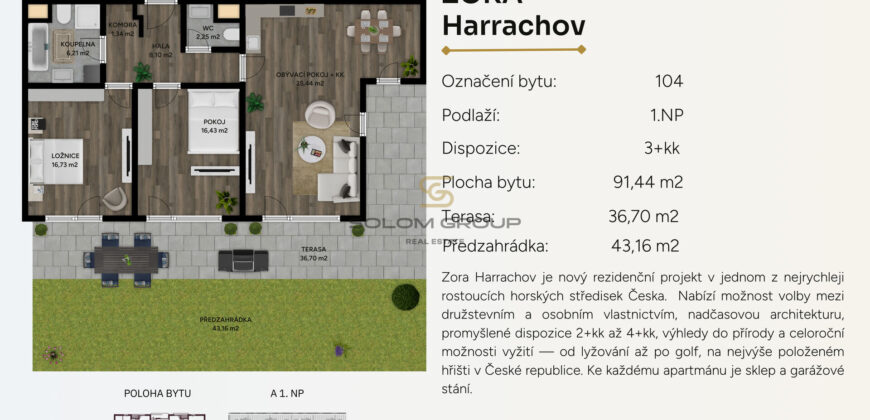 Prodej NOVÉHO apartmánu 3+kk/Lodžie, 171,3 m² parkovací stání, předzahrádka, OV, Novostavba,Krkonoše