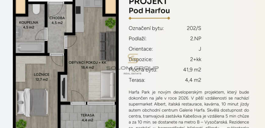 Prodej bytu 2+kk/T, 46 m², DV, Praha 9 – Vysočany, Pod Harfou, novostavba