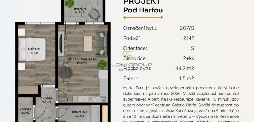 Prodej bytu 2+kk/T, 49 m², DV, Praha 9 – Vysočany, Pod Harfou, GS, novostavba