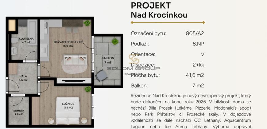Prodej NOVÉHO bytu 2+kk/Balkon, 48,6 m², Novostavba, Rezidence Nad Krocínkou, Prosek.
