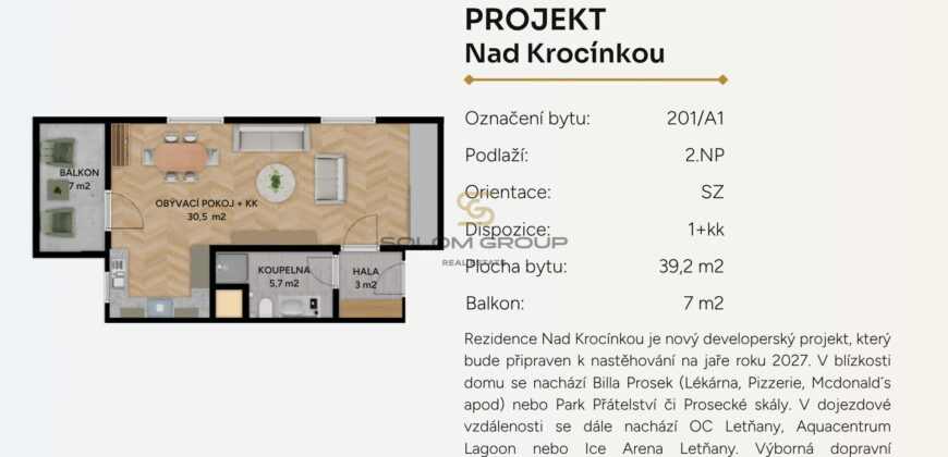 Prodej bytu 1+kk/Balkon, 46,2 m², Rezidence Nad Krocínkou, Prosek