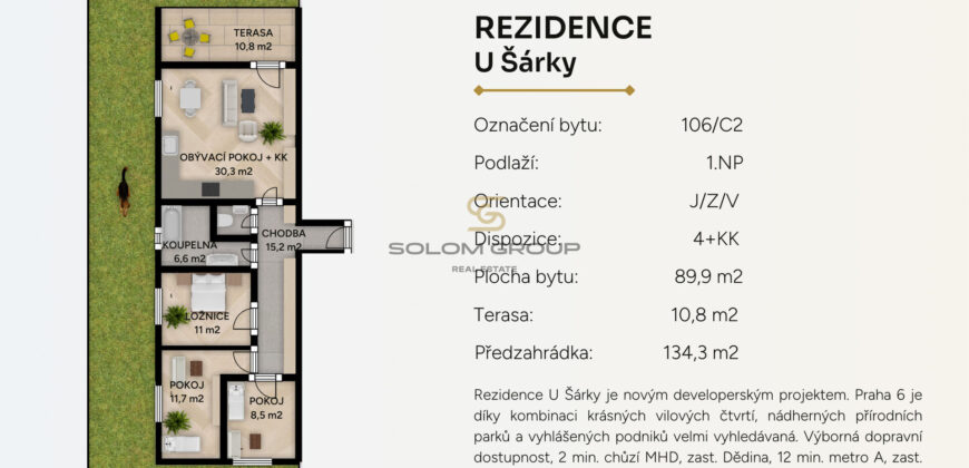 Prodej nového bytu 4+kk 94m²/Předzahrádka 134m²/Terasa, DV, GS, sklep / Praha 6-Ruzyně, novostavba