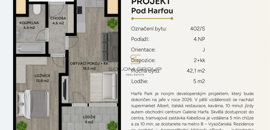 Prodej NOVÉHO bytu 2+kk/Lodžie 47,1 m². DV, Praha 9 – Vysočany, Pod Harfou, novostavba