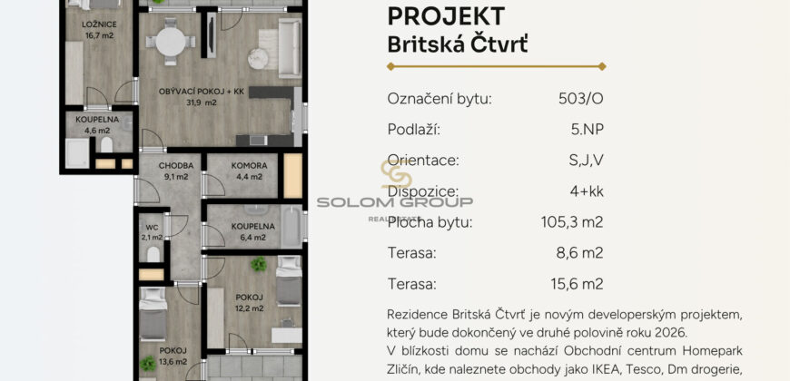 Prodej bytu 4+kk/L, 129 m², DV, GS, Britská Čtvrť – Praha 13, Stodůlky, novostavba