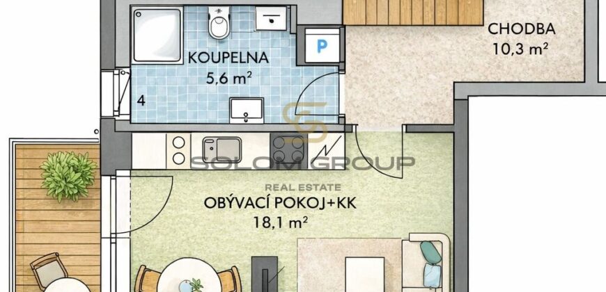 Pronájem NOVÉHO bytu 1+kk/Balkon, 37,4 m² + garážové stání, Dolní Měcholupy
