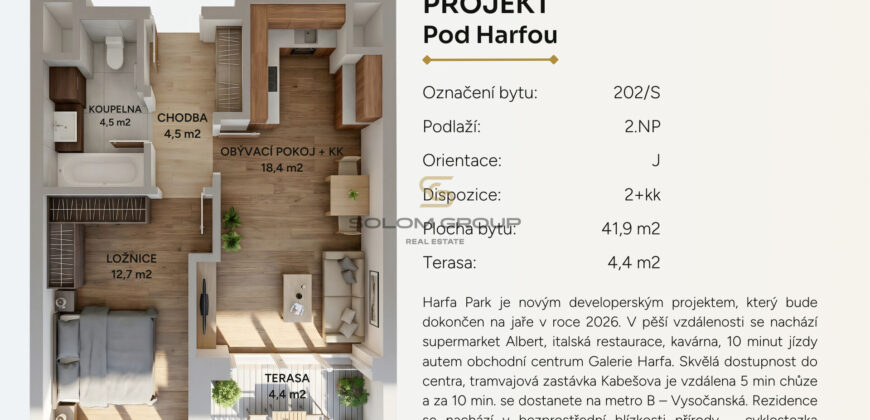 Prodej bytu 2+kk/T, 46 m², DV, Praha 9 – Vysočany, Pod Harfou, novostavba