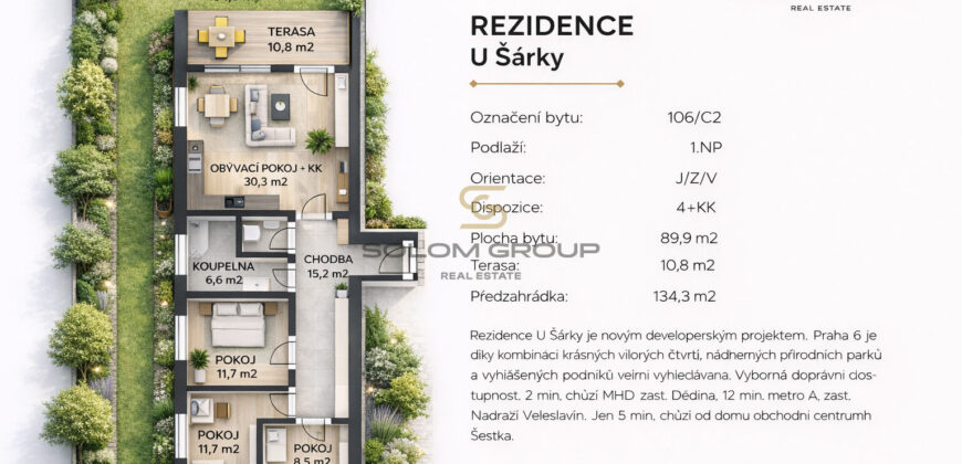 Prodej nového bytu 4+kk 94m²/Předzahrádka 134m²/Terasa, DV, GS, sklep / Praha 6-Ruzyně, novostavba