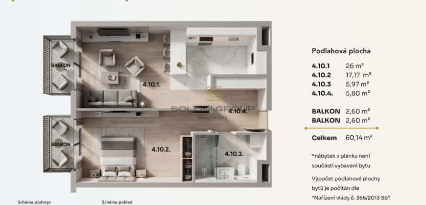 Prodej bytu 2+kk/2xBalkon, 60,14 m², garážové stání, sklep, DV, Praha – Kbely, novostavba