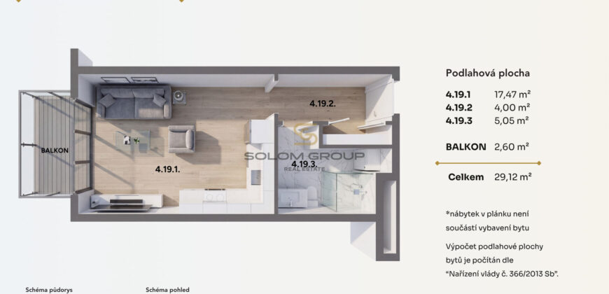 Prodej bytu 1+kk/Balkon, 29,12 m², garážové stání, sklep, DV, Praha – Kbely, novostavba