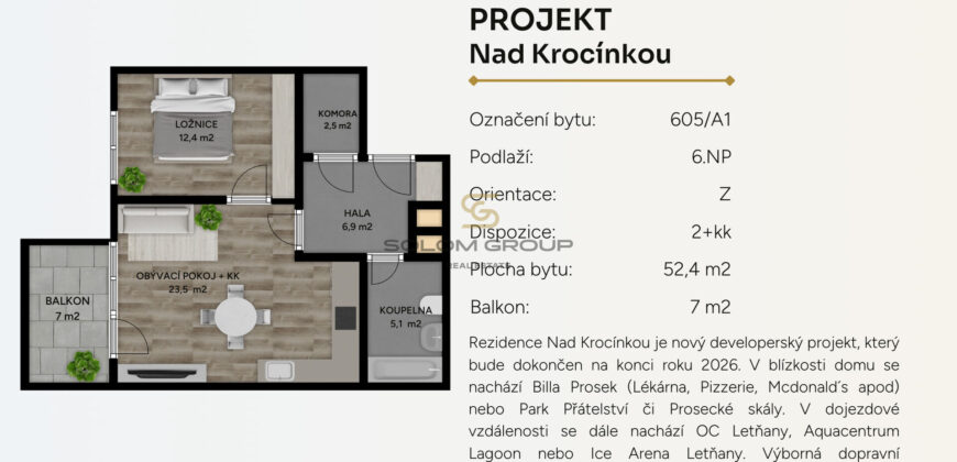 Prodej NOVÉHO bytu 2+kk/Balkon, 59,5 m², komora v bytě, Rezidence Nad Krocínkou, DV, novostavba